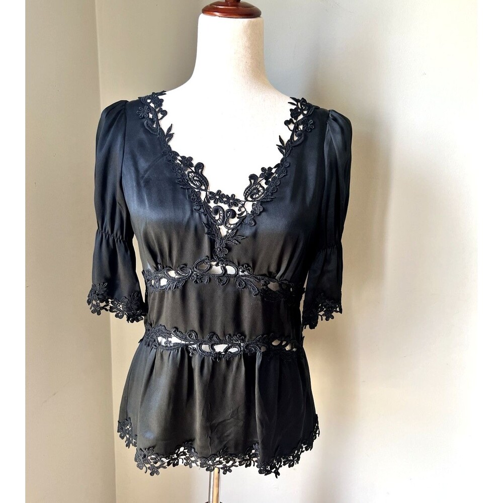 Y2k Laundry Shelli Segal BLACK 100% Silk Blouse Floral Lace Romantic Side Zip S - Picture 2 of 9